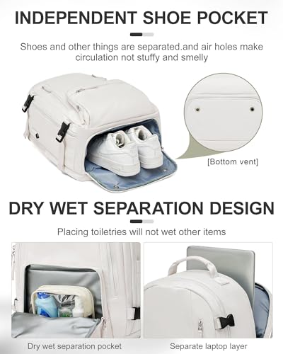 Travel Backpack for Women Men, Waterproof Carry on Backpack for Flight Approved Personal Item Bag, Business Laptop Backpack with USB Charging for Hiking Gym with Shoe Compartment Casual Daypack White3