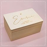 Erinnerungsbox aus hochwertigem Kiefermholz mit eingraviertem Namen, zwei Größen: Maße: 30x20x14 cm oder 40x30x23 cm
