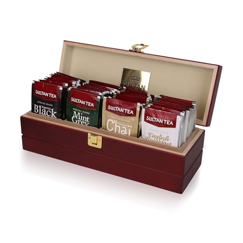 SULTAN TEA Wooden Tea Display Box Enclosed Design with 4 Compartments Multifunctional Tea Organiser with Lid Tea Storage Box Tea Bag Organiser Caddy for Tea Bags Spices and Leaf Sachets (Small)