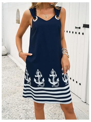 WDIRARA Women's Striped Anchor Print Short Dress Cut Out Sleeveless Tank Dresses3