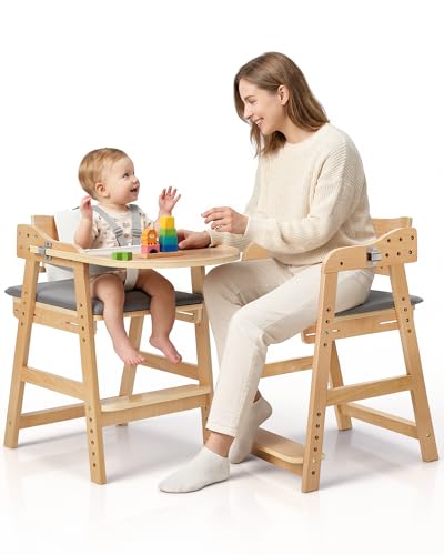 ONTHEWEI Wooden Baby High Chair for Babies Toddler & Adult Up to 330Lbs Anti-Tip Adjustable High Chair with Detachable Tray Baby Sets Soft Cushion Ergonomic & Easy Clean