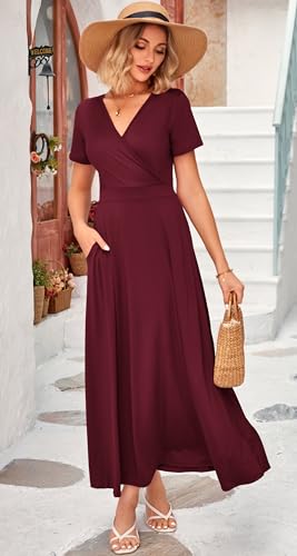 Image of WNEEDU Women's Summer Maxi Dress Short Sleeves Wrap V Neck Long Dresses with Pockets