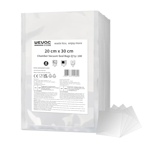Wevac Core Sacs Sous Vide Lisses 20x30cm 100 Pcs - UNIQUEMENT pour Machines à Cloche (Chambre), Qualité Pro pour Aliments, Haute Barrière, Sans BPA