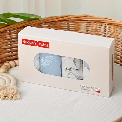 Image of Gllquen Baby Bassinet Sheets 4 Pack, Breathable Cozy Fitted Mattress Sheet | 32 inchx16 inch Soft Baby Sheets for Boys Girls, Compatible with Halo, Snoo, Uppababy, Universal fitted,Baby Gift,