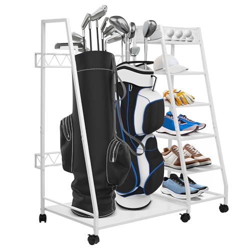 GENMOUS Golf Bag Organizer Garage Storage, Golfing Equipment Accessories, Golf Storage Rack Stand Fits for 2 Golf Bags, Golf Organizer for Garage, Club, Shed, Basement - Thumbnail 2