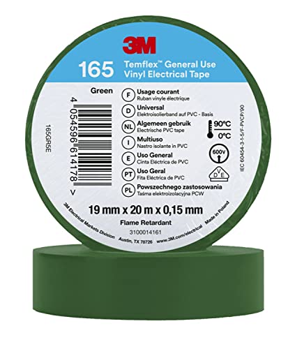 3M Temflex 165 - Cinta aislante (vinilo, 0,152 mm x 19 mm x 20 m), color verde