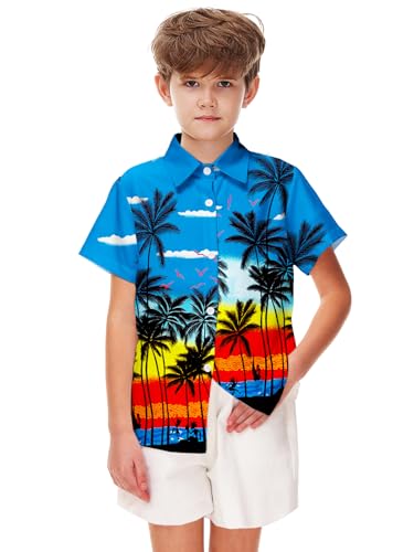 Image of Remimi Unisex Kids 4th of July Button Up Shirt Boys American Flag Print Hawaiian Beach Short Sleeve Tops 5-14 Years