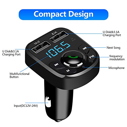 SOOTEWAY Transmisor FM Bluetooth, Transmisor de Radio Inalámbrico Kit Adaptador de Coche con Función Manos Libres, Puertos USB Dobles (5V / 2.4A y 1A), Acepta Tarjetas SD, USB, y Flash Drive