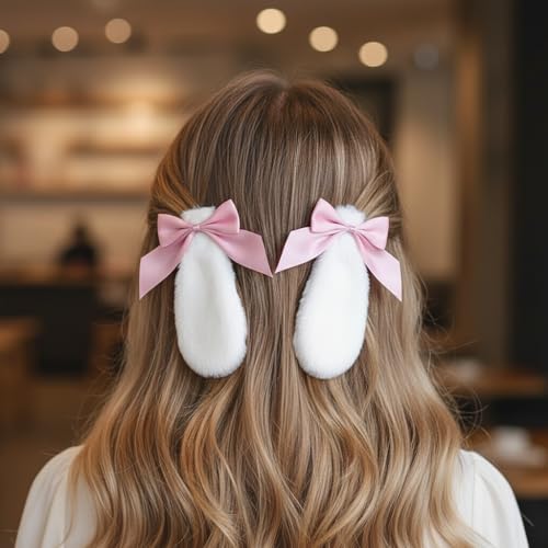 Par de pinzas para el cabello con orejas de conejita de peluche miniatura 4