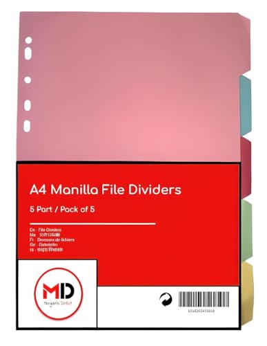 A4 5 Part File Dividers - Subject Divider with Assorted Manilla Card Tabs - Pack of 5
