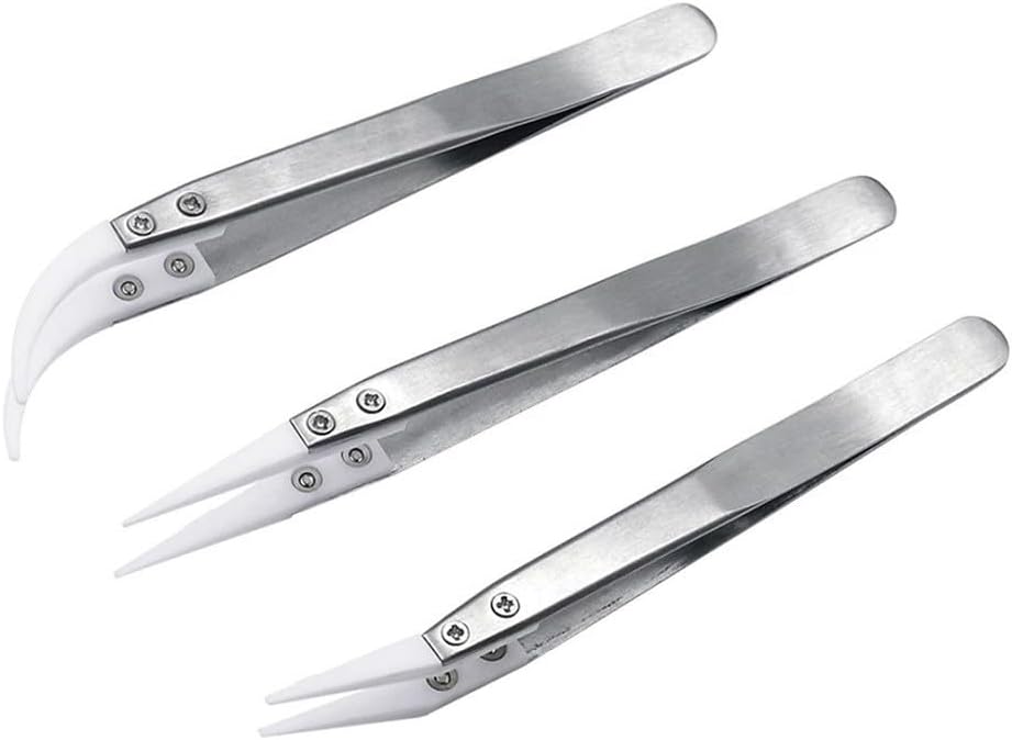 3pcs Anti-Static Ceramic Tweezers Set, High Temp Steel Tips Electronics Repair, Jewelry, Fine Curved Straight Tools Kit