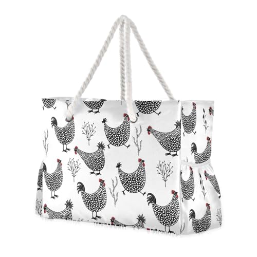 susiyo Funny Black Chickens Beach Bags for Women Large Travel Tote Bag Waterproof Sandproof Lightweight Swim Pool Bag for Family Outdoor