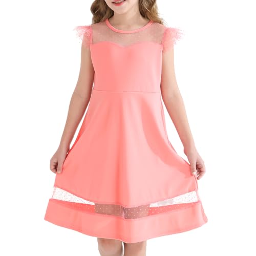 YOUNGER TREE Girls Dress Summer Sleeveless Round Neck Mesh A Line Casual Dresses with Pockets 6-13 Years