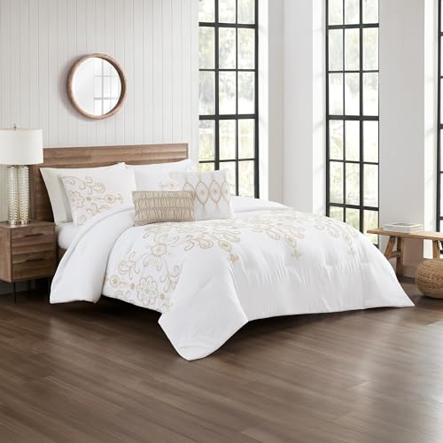 Modern Threads Sabrina Embroidered Comforter Set 5 Piece White Bed Set with Gold Detailing Decorative Pillows & Shams Luxuriously Soft Jacquard Bedding King