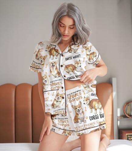 Image of HUNTFAMI Womens Soft Silky Satin Pajamas Set, 2 Pcs Sleep Short Pajamas for Mom and Grandma Button Down Summer Loungewear