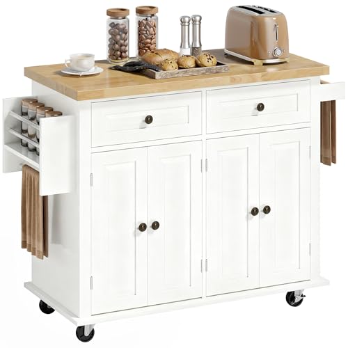 HOMCOM Kitchen Island Cart Rubber Wood Top, Rolling Kitchen