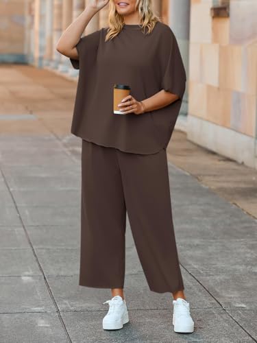 Image of Beautife Women's Plus Size 2 Piece Outfits 3 /4 Batwing Sleeve Capelet Crew Neck Pullover Top Wide Leg Pants Lounge Set