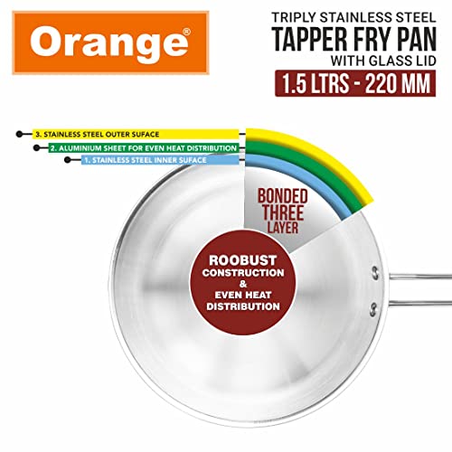 Image of Orange Triply Stainless Steel Fry Pan with Riveted Cast Long Handle with Glass Lid |1.5 Litre, 22 cm Diameter | Heavy Bottom | Gas top and Induction Bottom Friendly | 5 Year Warranty
