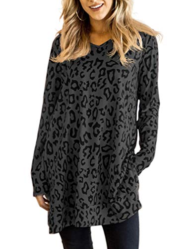 Leopard Print Tops for Women Cheetah Long Shirts for Leggings Long Sleeve V Neck Animal Tunic Tops with Pockets Dark Gray Large