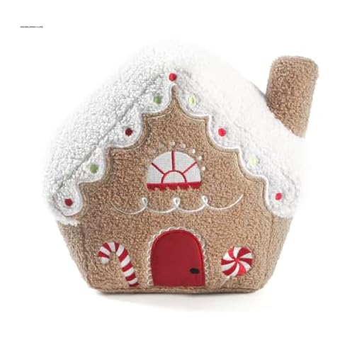 Accents Depot Gingerbread House Plush Sherpa Cushion Pillow, Khaki, Merry Christmas Embroidery, 30x28x16 cm (11.8x11x6.3 in), Polyester Cover