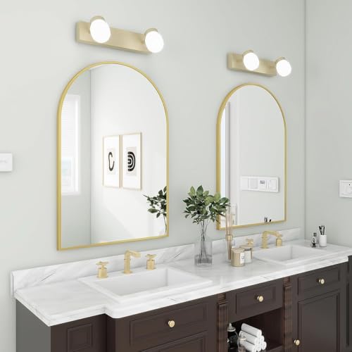 Image of BEAUTYPEAK 26 inchx28 inch Arch Bathroom Mirror, Wall Mounted Vanity Metal Frame Mirror for Bedroom, Entryway, Living Room, Gold