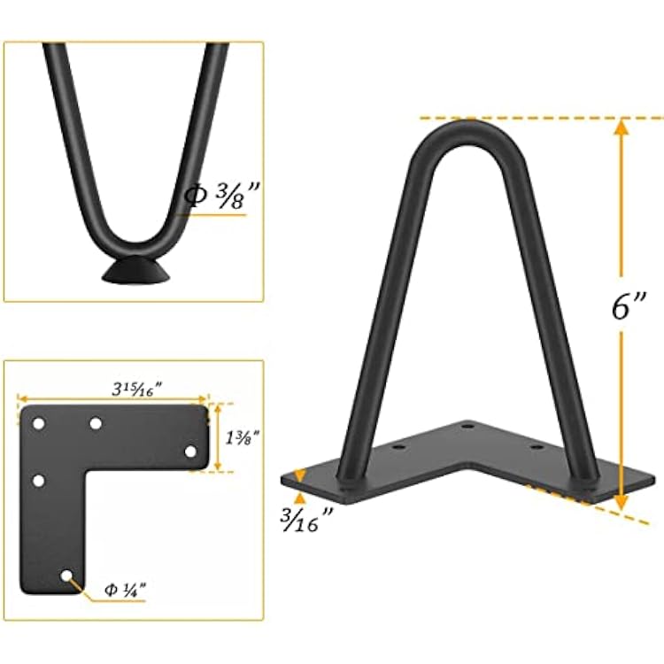 Genius Iron Hairpin Furniture Legs 6 inch, 3/8 Solid Metal Steel Firm Welding Home DIY for Couch Dresser Cabinet Shelf TV Stand with Rubber Floor Protectors, Black, 4 PCS