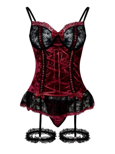 Image of Foxiny Sexy Mesh Corset Ruffle Lace Up Underwire Sheer Garter Belt Babydoll Lingerie Set With Thong 3 Piece Women