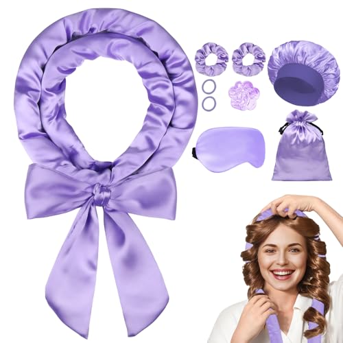 Ystrybo Heatless Curls Overnight Hair Curlers to Sleep In, Satin Heatless Curling Set - No Heat Overnight Curls, Hair Curlers No Heat Curlers, Beach Waves for Women Long Hair Volume (Purple)