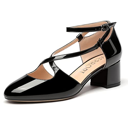 MERRORI Women's Block Buckle Ankle Strap Low Heel Pumps Patent Round Toe Solid Block Shoes 2 Inch