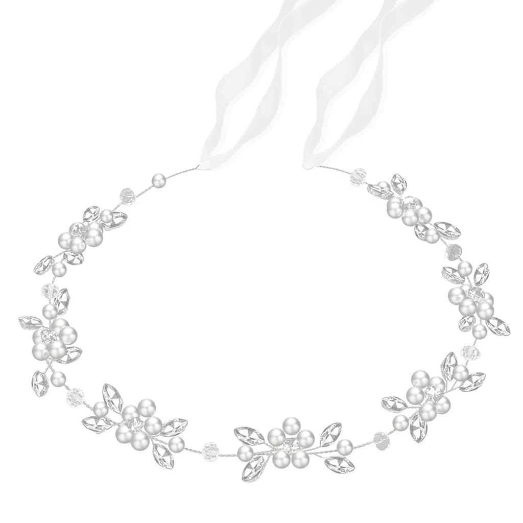 SANNIDHI® Bridal Head Band Head Peice Pearl Rhinestone Floral Headpiece Ribbon Tie-Back Headband for Bride, Dress Up Princess Hair Accessory for Wedding