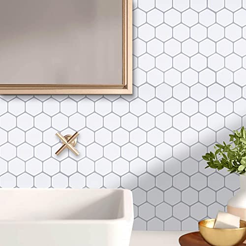 Waldecoo Hexagon Tile Peel And Stick Backsplash, 10 Sheets Premium 3D Self Adhesive Wall Tiles Stick On Backsplash, White Peel And Stick Tile For Kitchen And Bathroom (12" X 12") #TOP1