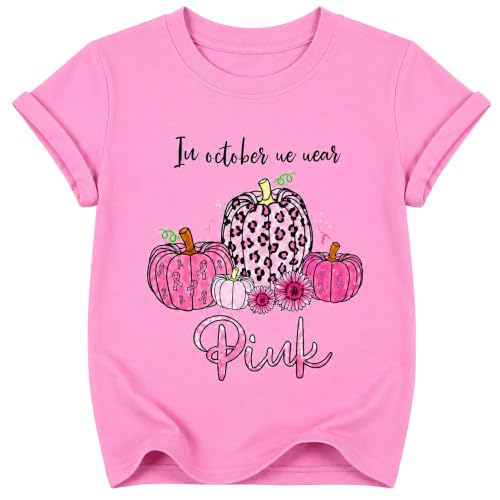 Girls in October We Wear Pink Shirt Kids Halloween Ghost Graphic Tee Breast Cancer Awareness T-Shirt for Toddler Youth