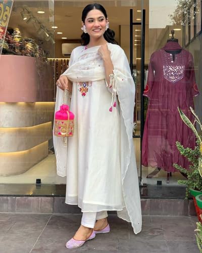 Image of Women's Cotton Mirror Work Embroidered Straight Kurti with Pant and Dupatta Set