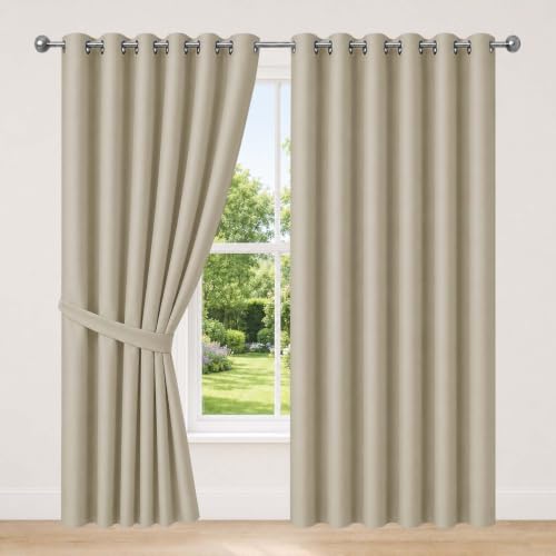 Image of AMEHA Blackout Eyelet Curtains for Living Room 90x90 Inch Drop Black Out Curtains Thermal Insulated Energy Saving Ring Top Cream Curtain 2 Panels & Tieback