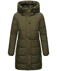MARIKOO Damen Wintermantel warmer Steppmantel lang mit Kapuze und hohem Kragen Karumikoo XVI Dark Olive Gr. M