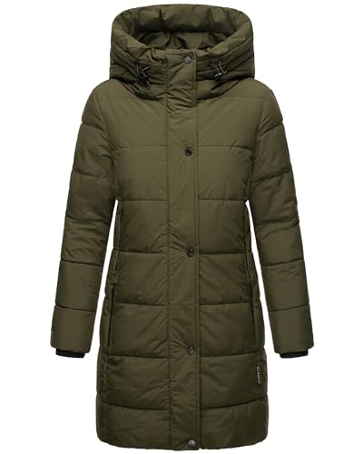 MARIKOO Damen Wintermantel warmer Steppmantel lang mit Kapuze und hohem Kragen Karumikoo XVI Dark Olive Gr. M
