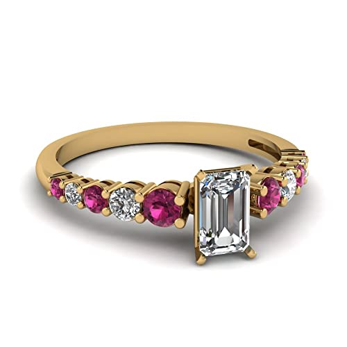 Image of Choose Your Gemstone Graduated Diamond CZ Engagement Ring Yellow Gold Plated Emerald Shape Petite Engagement Rings Lightweight Office Wear Everyday Gift Jewelry US Size 4 to 12