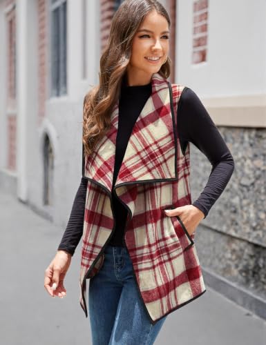 Image of YACUN Women Plaid Vest Lapel Open Front Sleeveless Cardigan