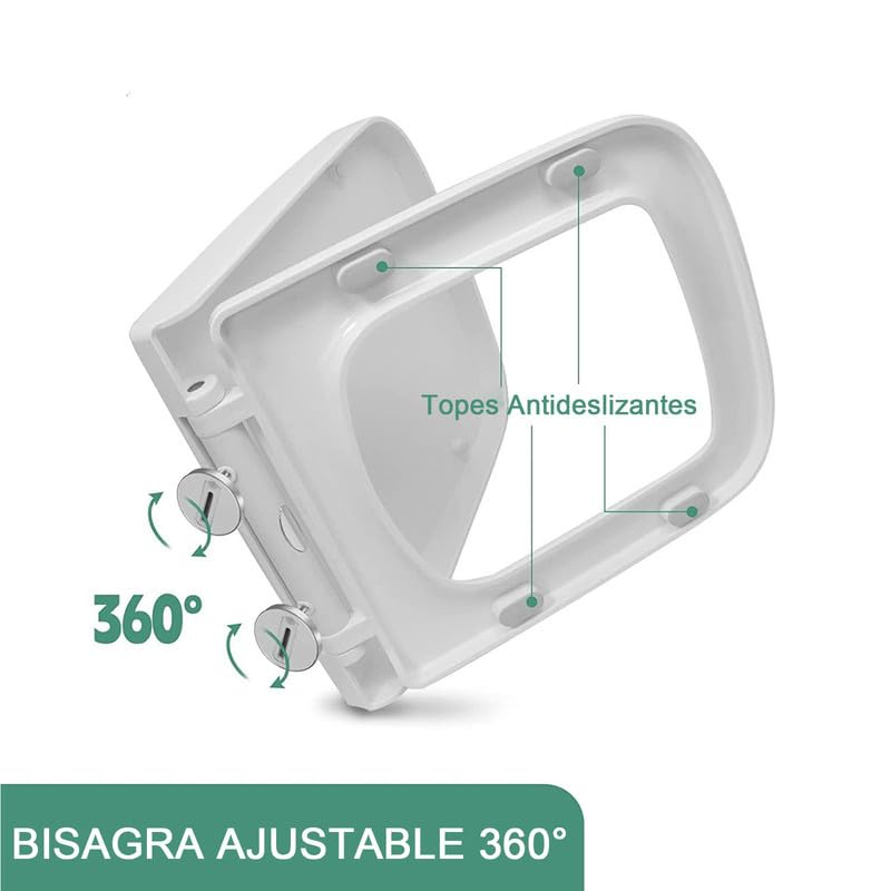 Tapa WC Cuadrada Universal, Asiento de Inodoro de Cierre Suave con Liberación Rápida para una Fácil Limpieza, Bisagras Ajustables, Tapa de Inodoro de PP, Blanco, 04B, 45x36cm