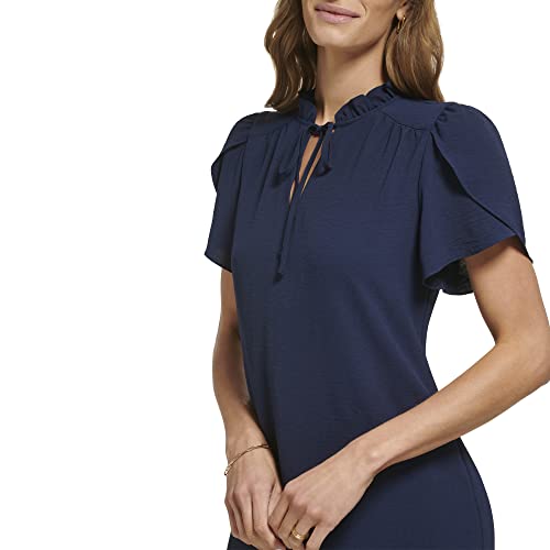 Image of DKNY Women's Front Tie Ruffle Neckline Trapeze Dress