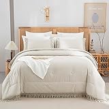 100% Washed Cotton Comforter Set & Super Soft Fluffy Microfiber Comforter Set-Beige Boho Bedding Com
