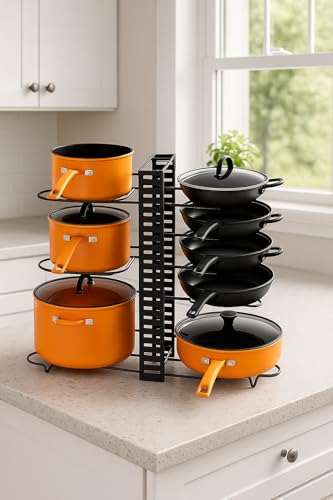 Original Essentials 8-Tier Adjustable Pot and Pan Organizer Rack, Black Steel Kitchen Cookware Storage Solution, 21 x 15 x 8 Inch Cabinet Organizer with Heavy-Duty Metal Construction