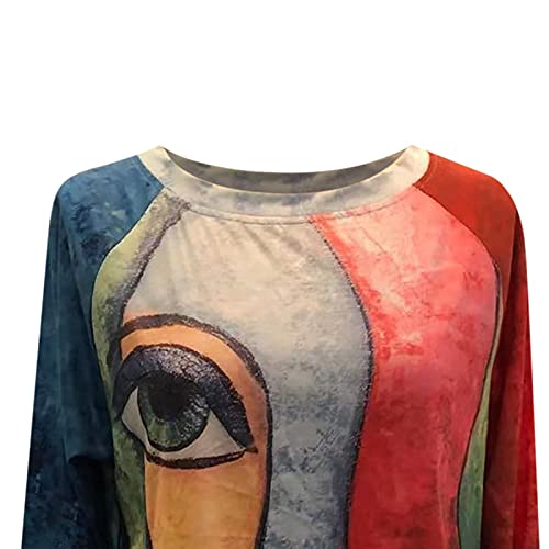 Tops For Women Long Sleeve Fashion Retro Abstract Face Print T Shirts Round Neck Casual Loose Fit Tunic Blouses #TOP4