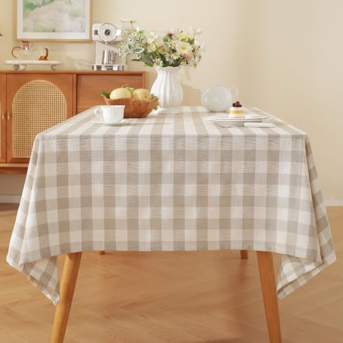 MoiNubone Gingham Tablecloth Rectangle 60"x 75", Beige Outdoor Cotton Linen Buffalo Checkered Table Cloth, Heavy Duty Wrinkle Free Farmhouse Plaid Table Cover for Kitchen Dining Picnic Holiday