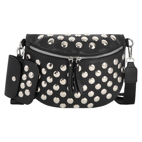 Sac banane en similicuir avec rivets pour femme, noir, one size