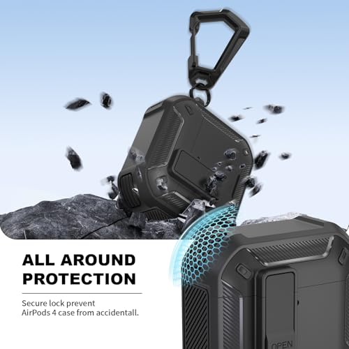 Image of for AirPods 4 Case with Magnetic Secure Lock Clip and Phone Stand, Compatible with Magsafe Charging, with Carabiner&Cleaner kit for Apple iPod 4th Generation Cover(2024) Men Women (Black)