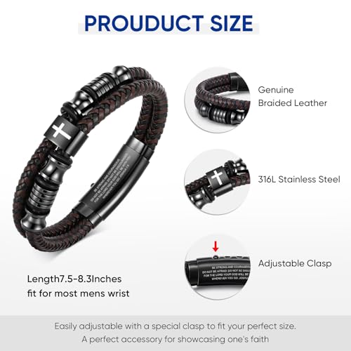 Christian Brown Leather Bracelet for Men - Double-Row Braided Leather Faith Cross Bracelets Bangle Religious Baptism Inspirational Bible Verse Jewelry Gift for Young Men Teenage, Adjustable Wristband4