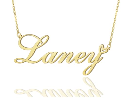 AOLO Laney Heart Name Necklace 18k Gold Plated Stainless Steel Nameplate Pendant Jewelry for Womens Mens 16"
