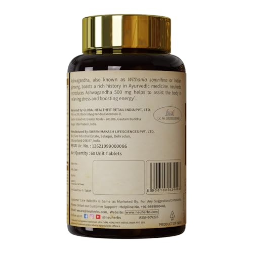 Neuherbs Ashwagandha 500mg Tablets For Men & Women | Manage Anxiety & Stress Relief | Ashwagandha Supplements To Boost Energy, Immunity & Strength | Supports Sleep Cycle - 60 Tablets