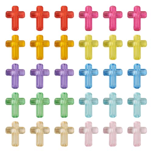 Cheriswelry 200Pcs Acrylic Cross Beads Transparent Crucifix Loose Beads Colorful Lanyard Spacer Beads 15.5mm for Necklace Bracelet Jewelry Making Supplies